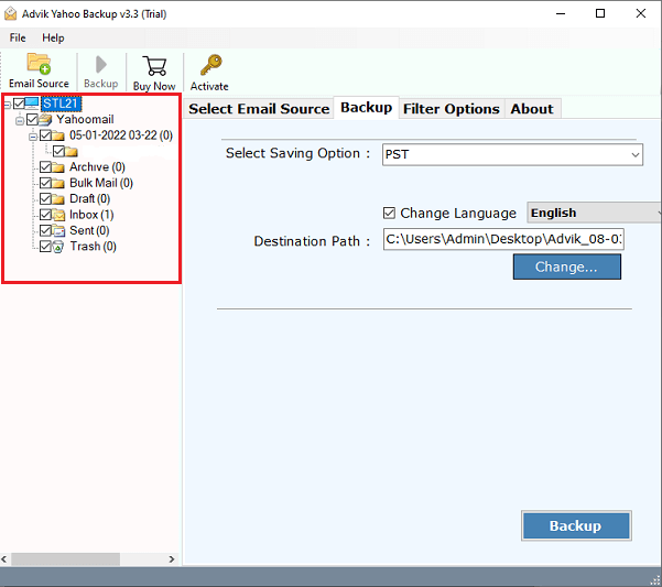 Select the Yahoo email folders to transfer