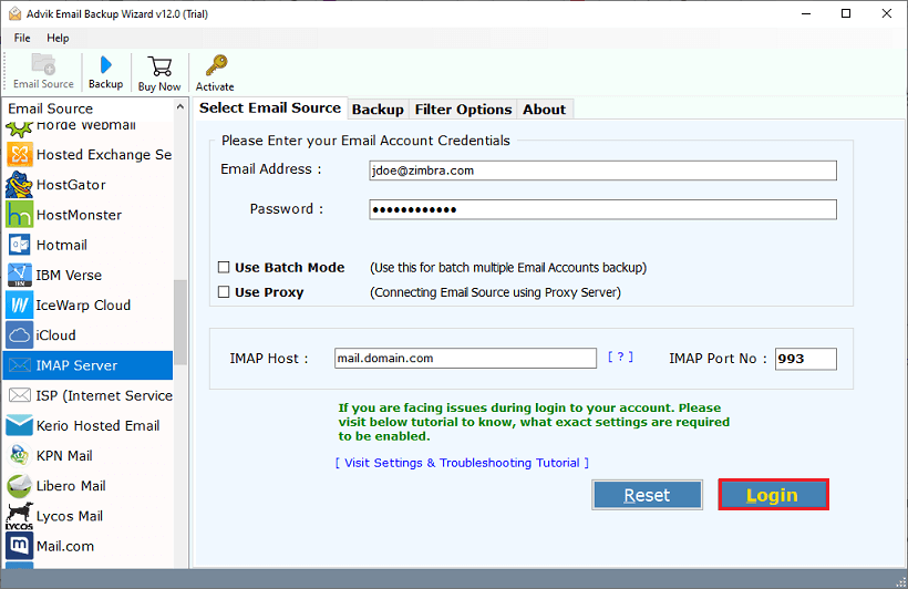 enter Zimbra account login details