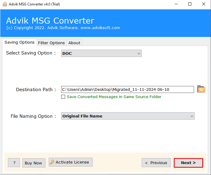 click next to convert msg files to word doc format