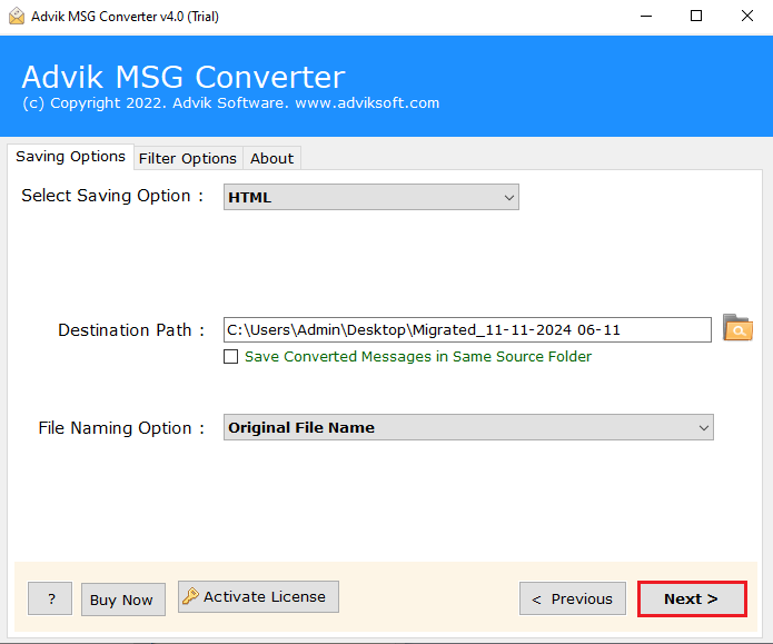 click next to convert msg files to html format