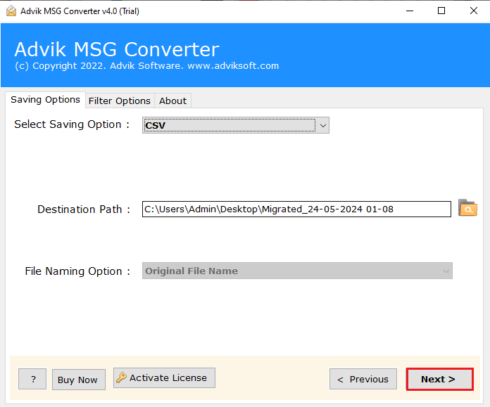 click next to convert msg files to csv format