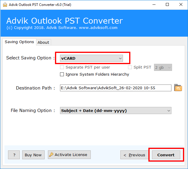 convert pst to vcf